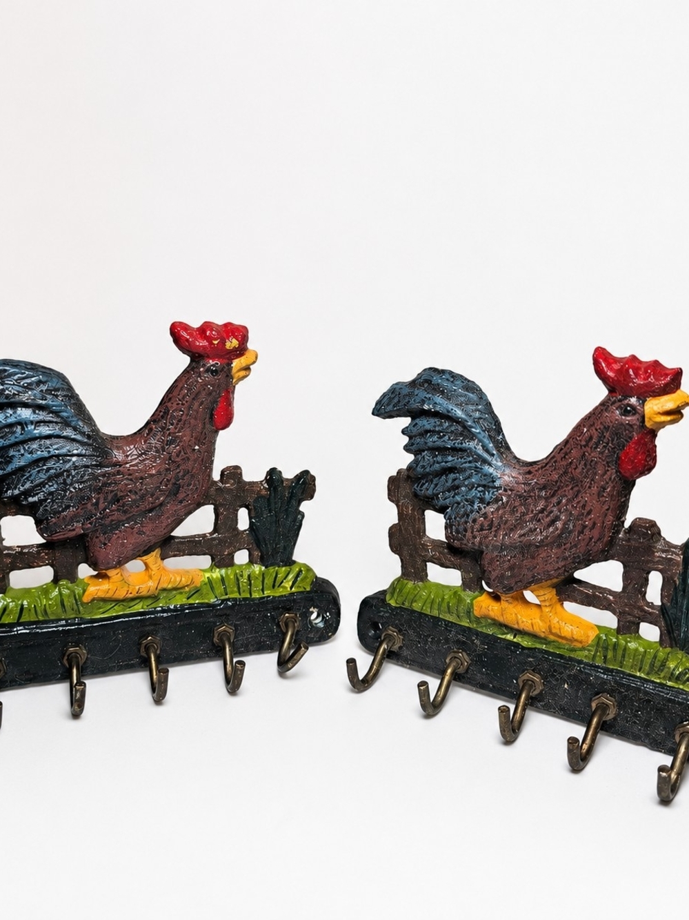 Vintage Cast Iron Rooster Key Holder Wall Hook Rack Set Lot of 2 Farmhouse